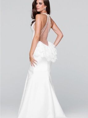 Tarik Ediz Peach Lace Halter Dress with Pearl Strap